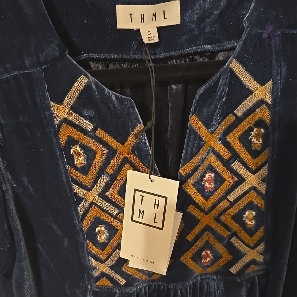 THML Velvet Embroidered Dress NWT | Blue & Gold Flutter Sleeve Holiday Style S - Picture 2 of 3